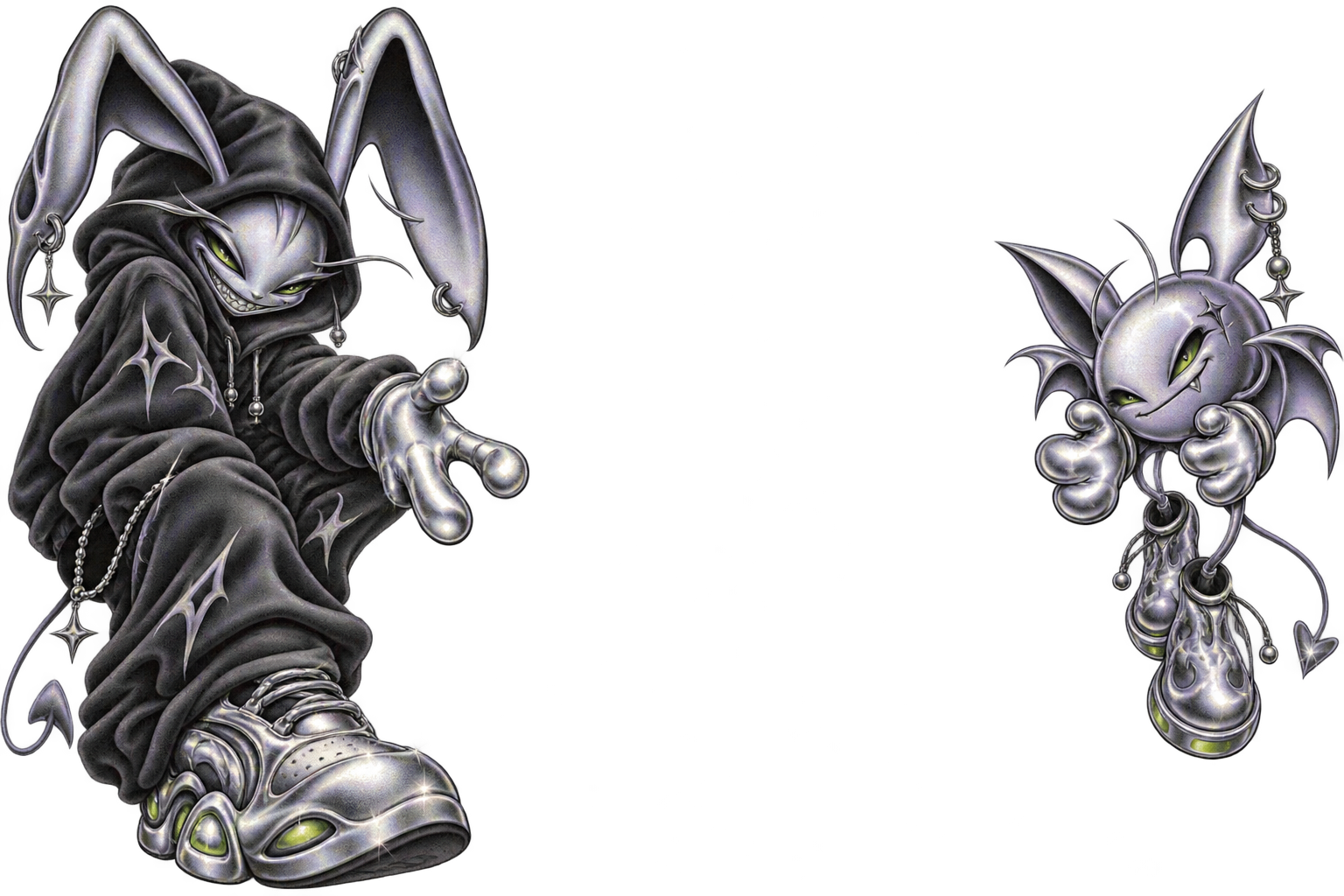 A chrome airbrushed bunny in a charcoal hoodie, cropped into the page